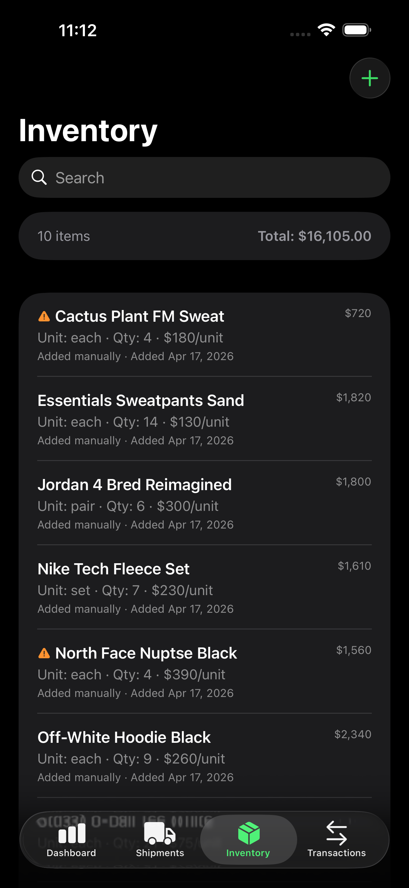trapper.ledger inventory screen